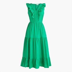J. Crew Factory Green V-Neck Smocked Tiered Midi Dress Cotton‎ Back Zip Size 2
